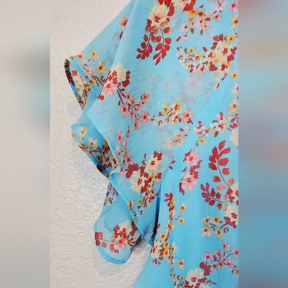💚5/$25 LC Lauren Conrad Floral Blue Flutter Sleeve Ruffled Dress Size Large - Picture 5 of 6